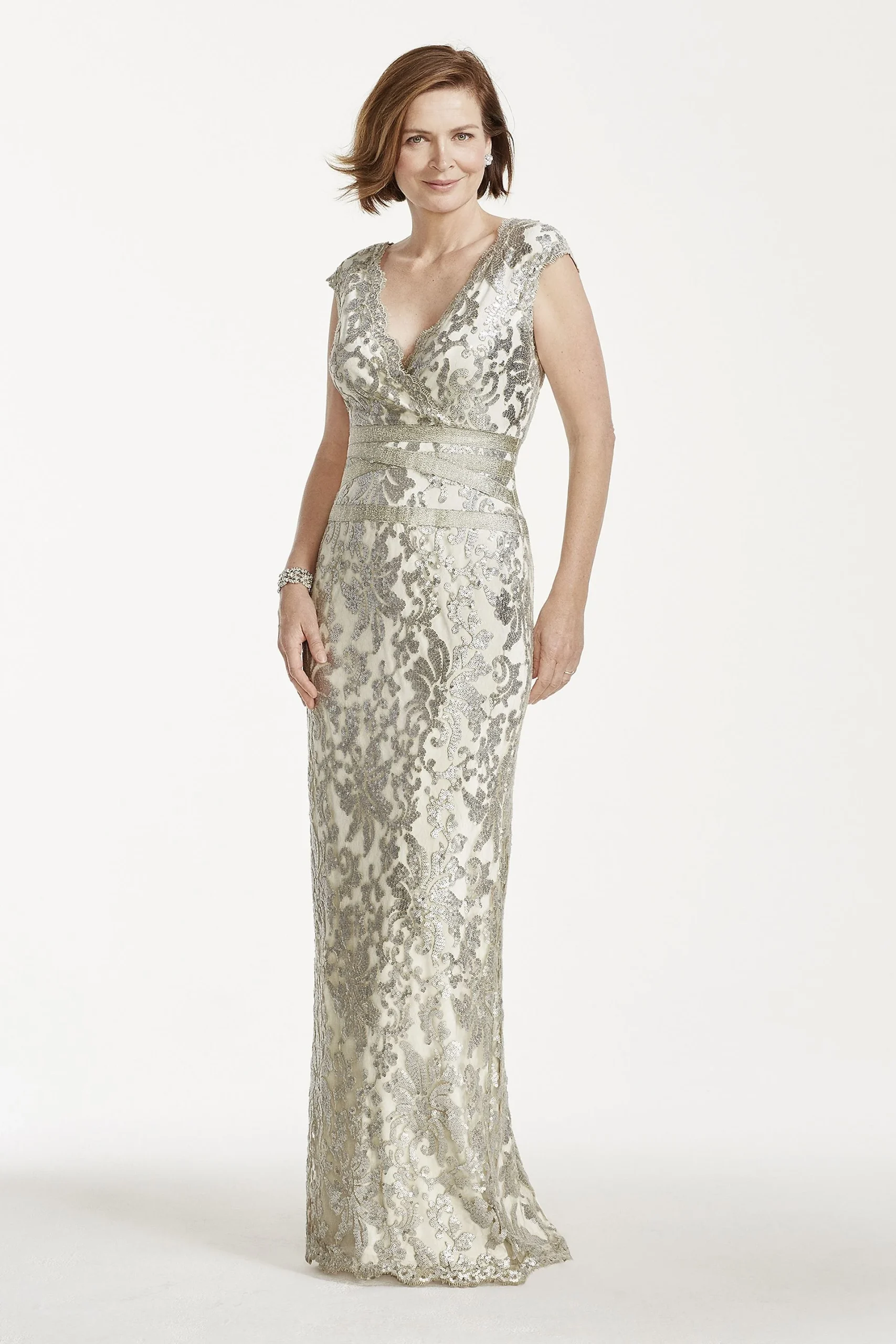 Long Cap Sleeve Lace Dress with V Neckline