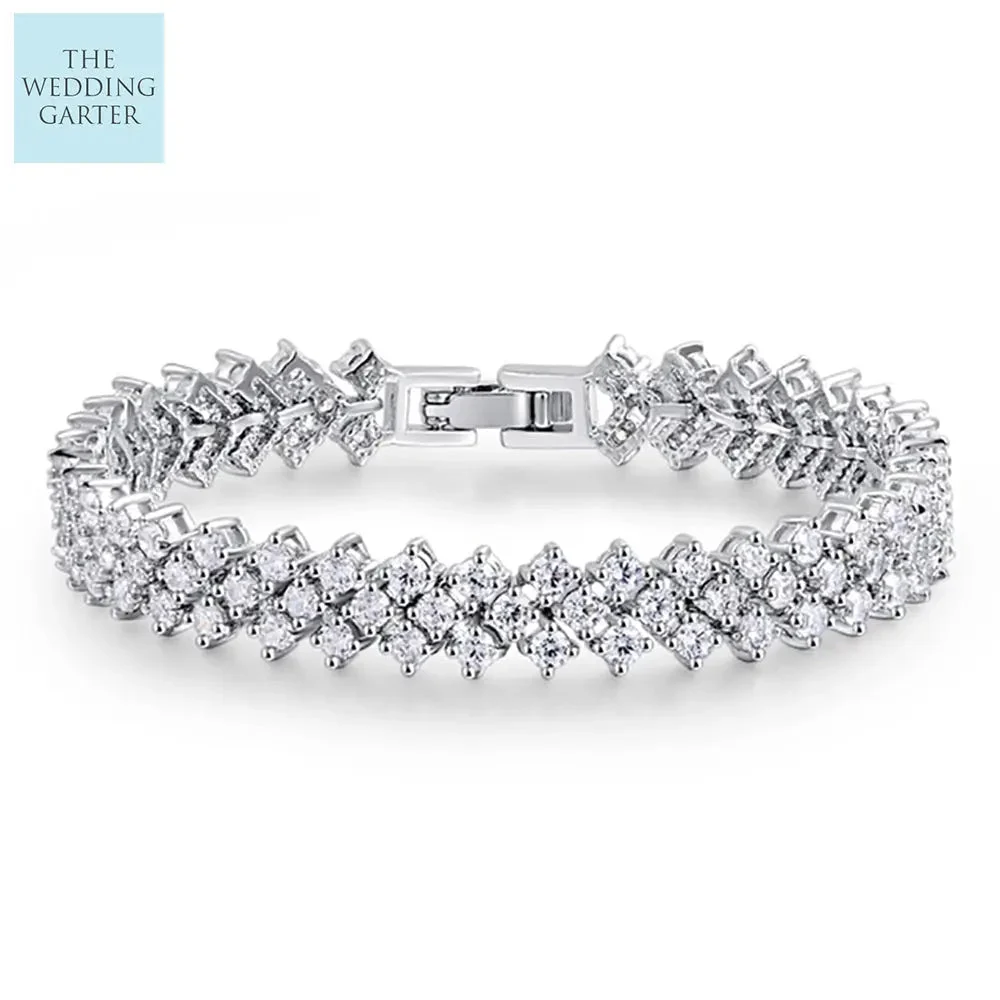 Platinum Cubic Zirconia Diamond Cluster Bridal Bracelet