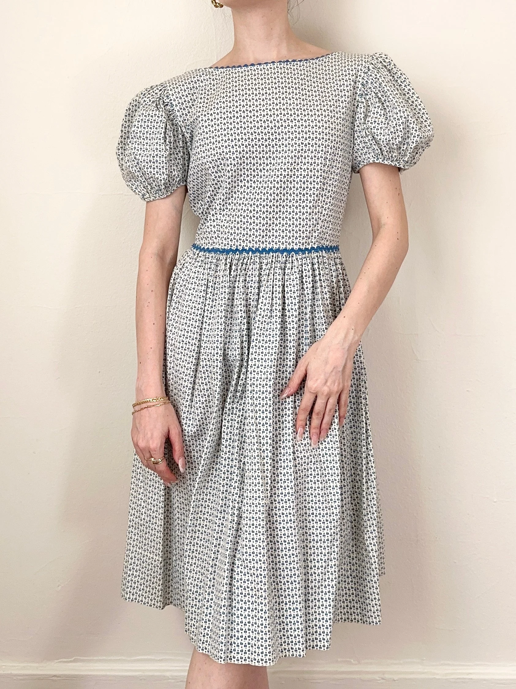 1940s 1950s Blue Puff Sleeve Cotton Dress (XS)
