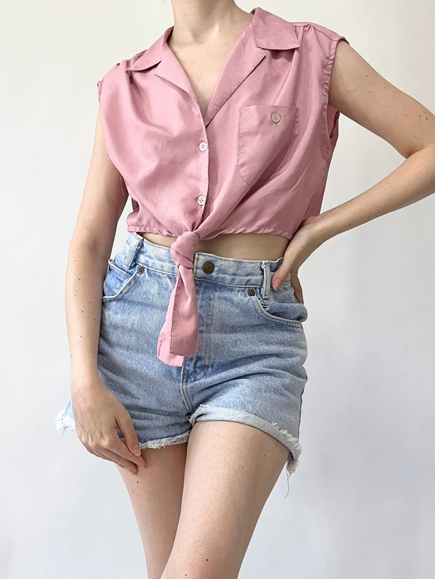 1950s Pink Tie Crop Top Blouse (S/M)