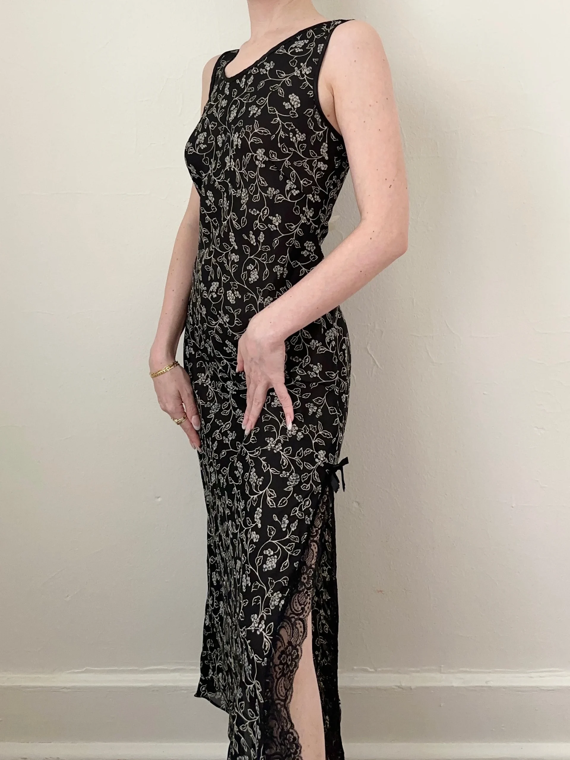 1990s Black Grape Print Lace Slit Slip Dress (S)
