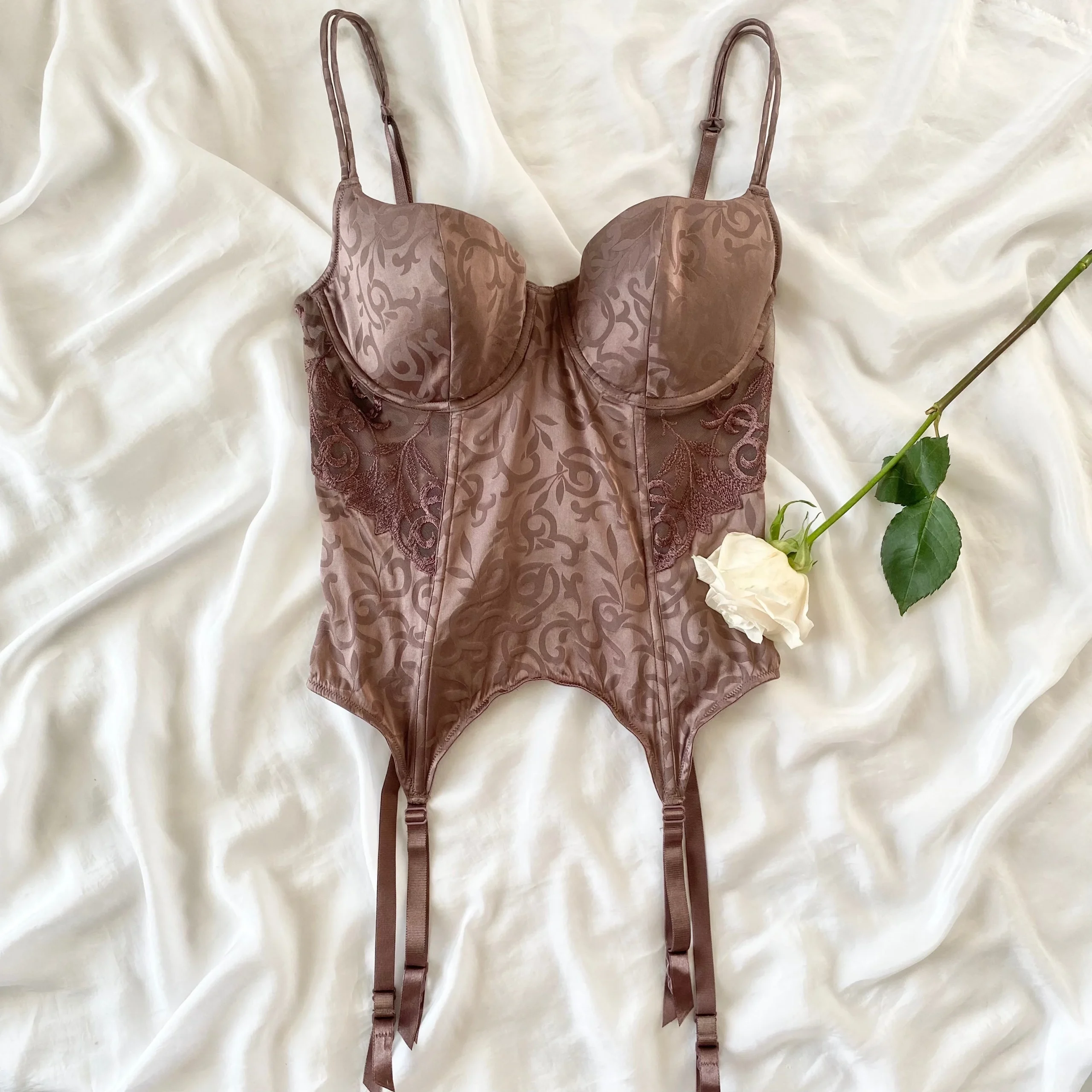 1990s Victoria's Secret Pure Silk Chocolate Bustier & Thong Panty Set (36D)