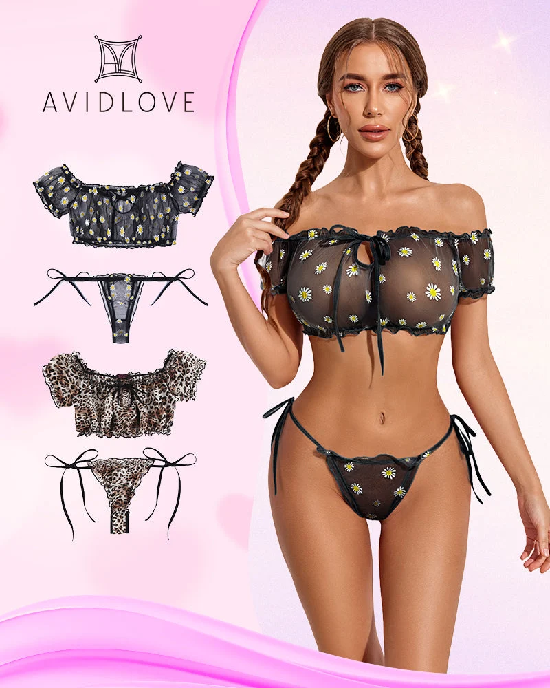 2 Packs Mesh Ruffle Bra and Panty Set