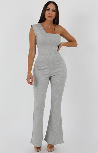 Grey One Shoulder Ribbed Flare Jumpsuit - Clara