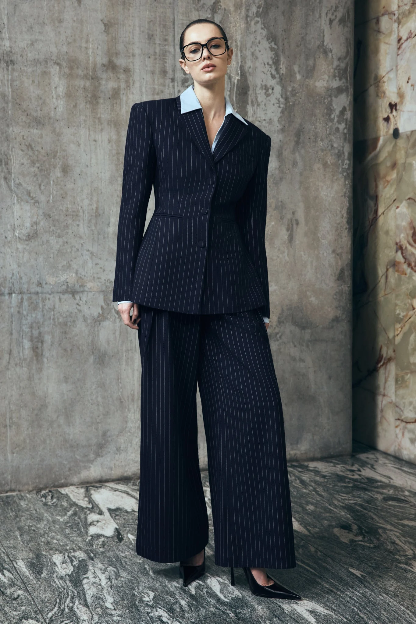 JacquelineFINAL SALEPleated Wide Leg Pants - Navy Pinstripe