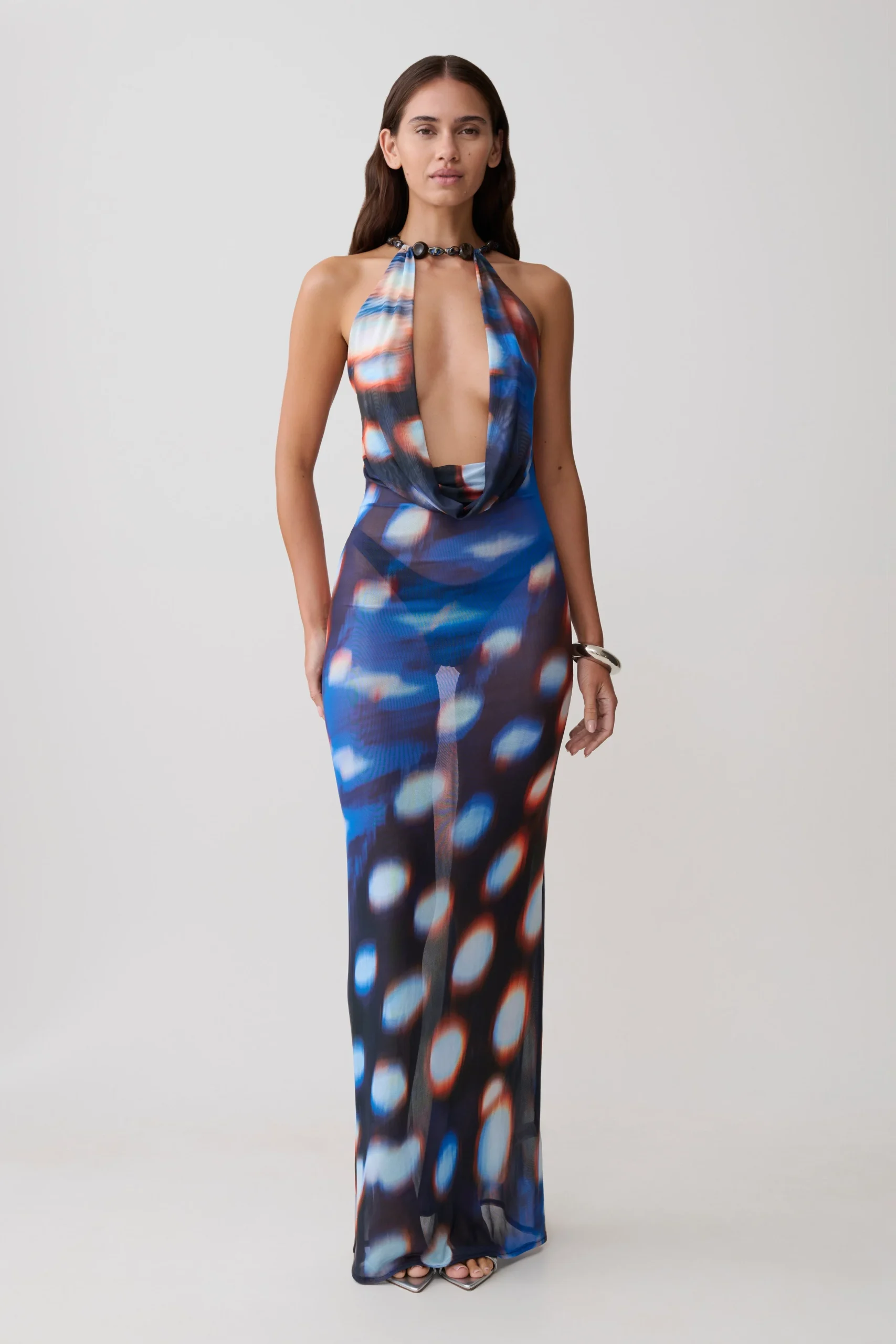 EthelMesh Cowl Plunge Maxi - Blue Abstract Print