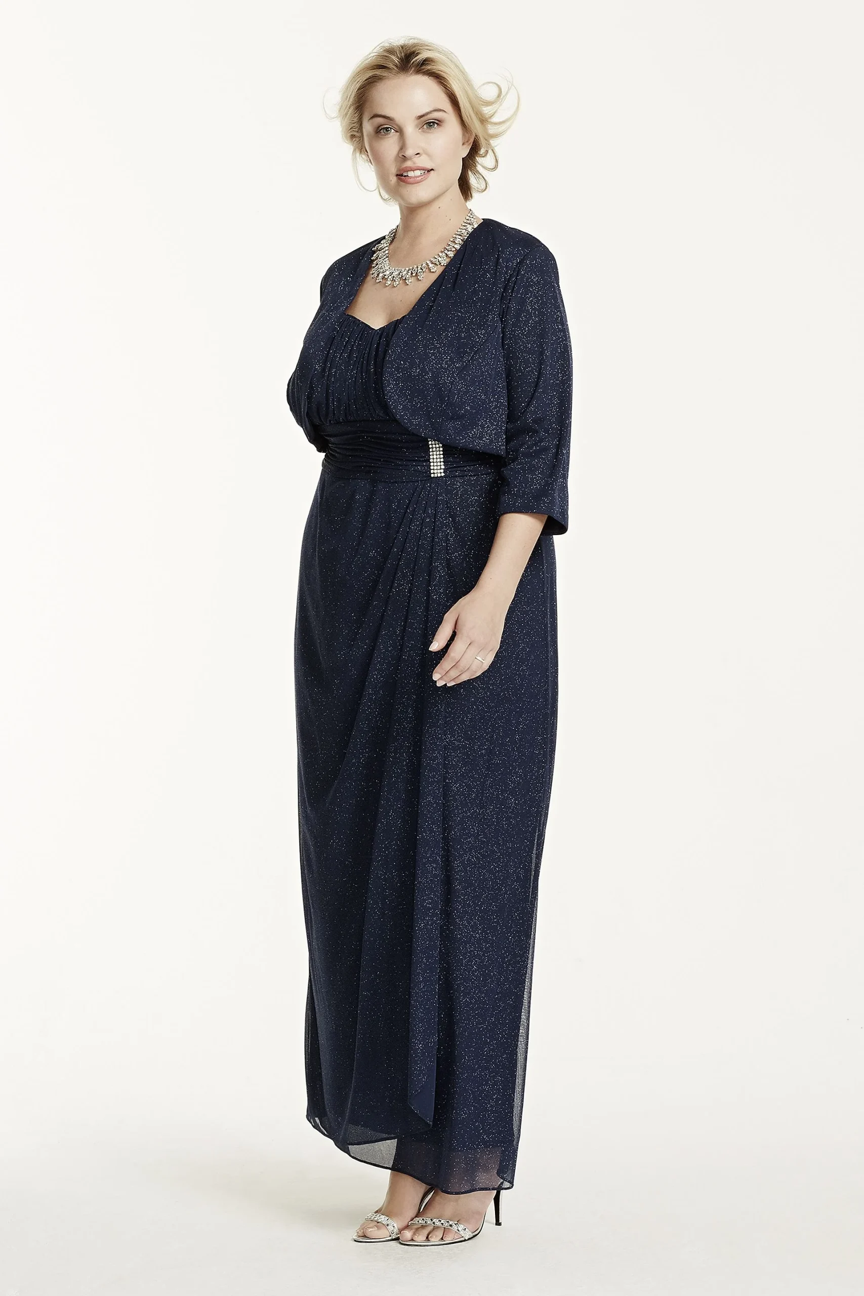 3/4 Sleeve Jacket with Long Glitter Mesh Dress