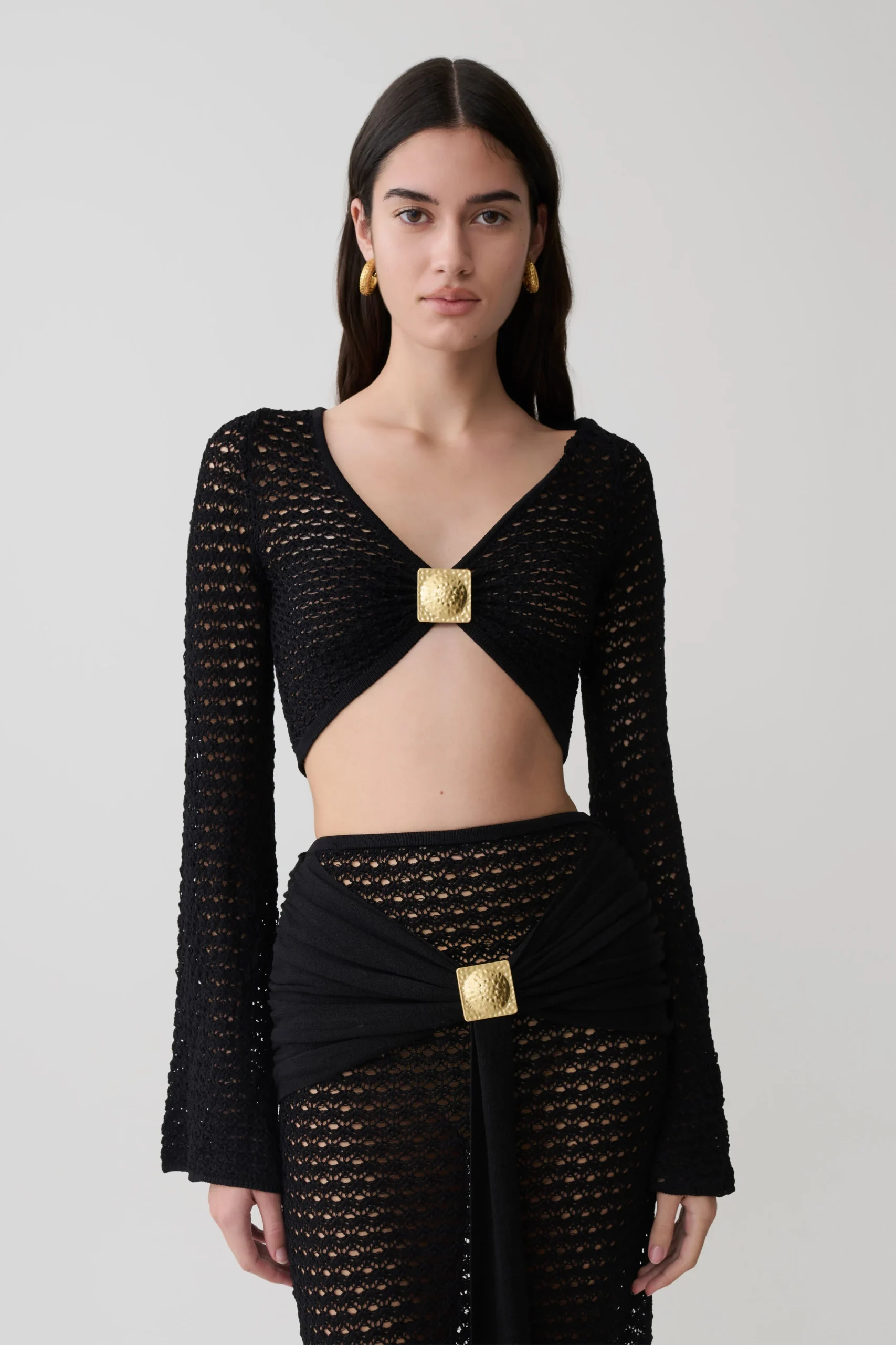 ManiaCrochet Long Sleeve Cropped Top - Black