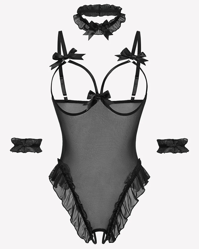 4 Piece Set Sheer Mesh Teddy Bodysuits