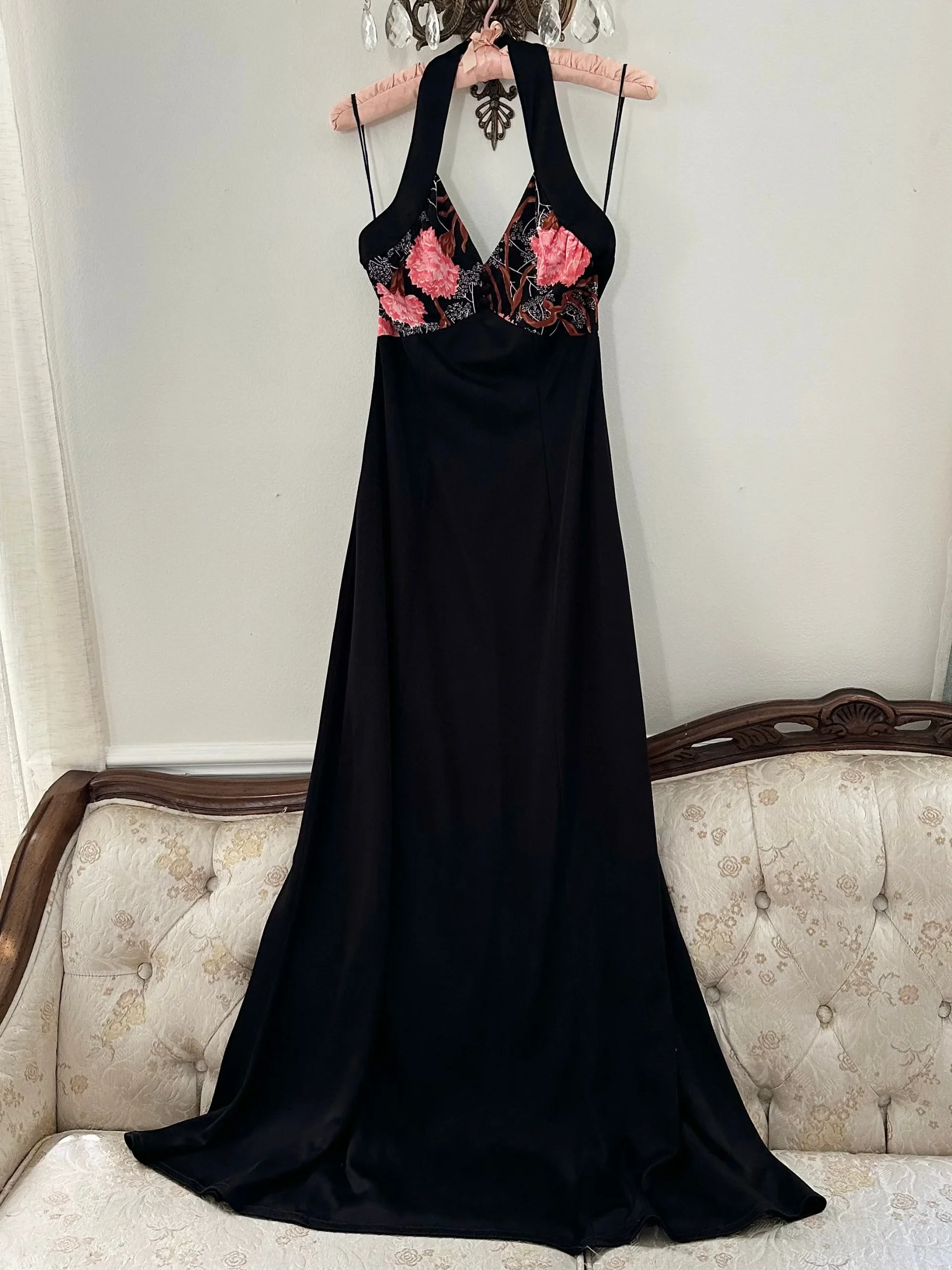 70s Black Floral Halter Dress (S)