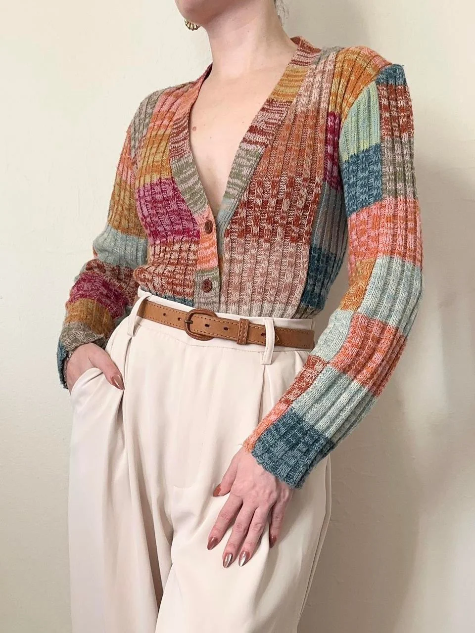 70s Colorful Autumn Cardigan Sweater (S)