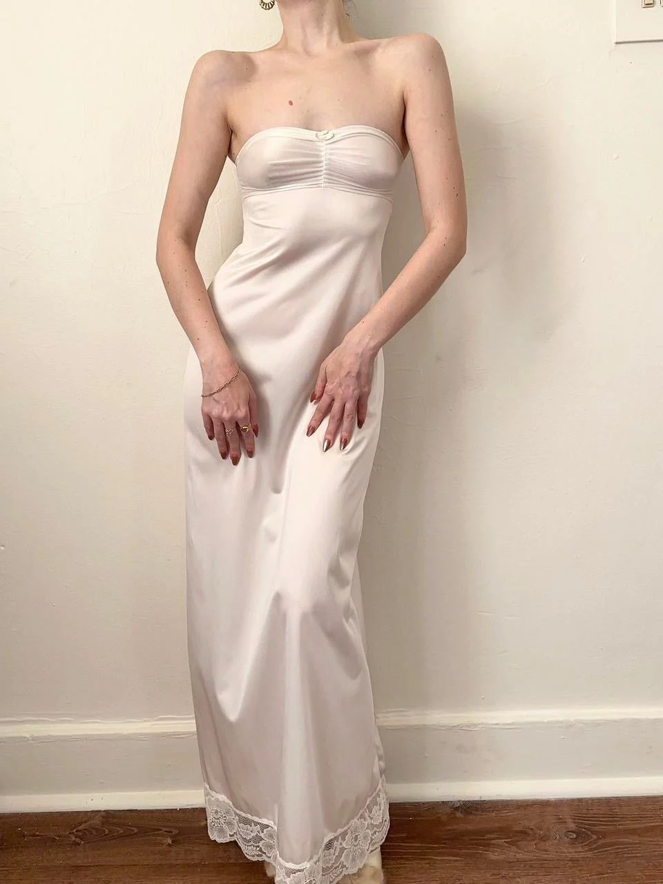 70s Ivory Satin Strapless Maxi Slip Dress (XXS)