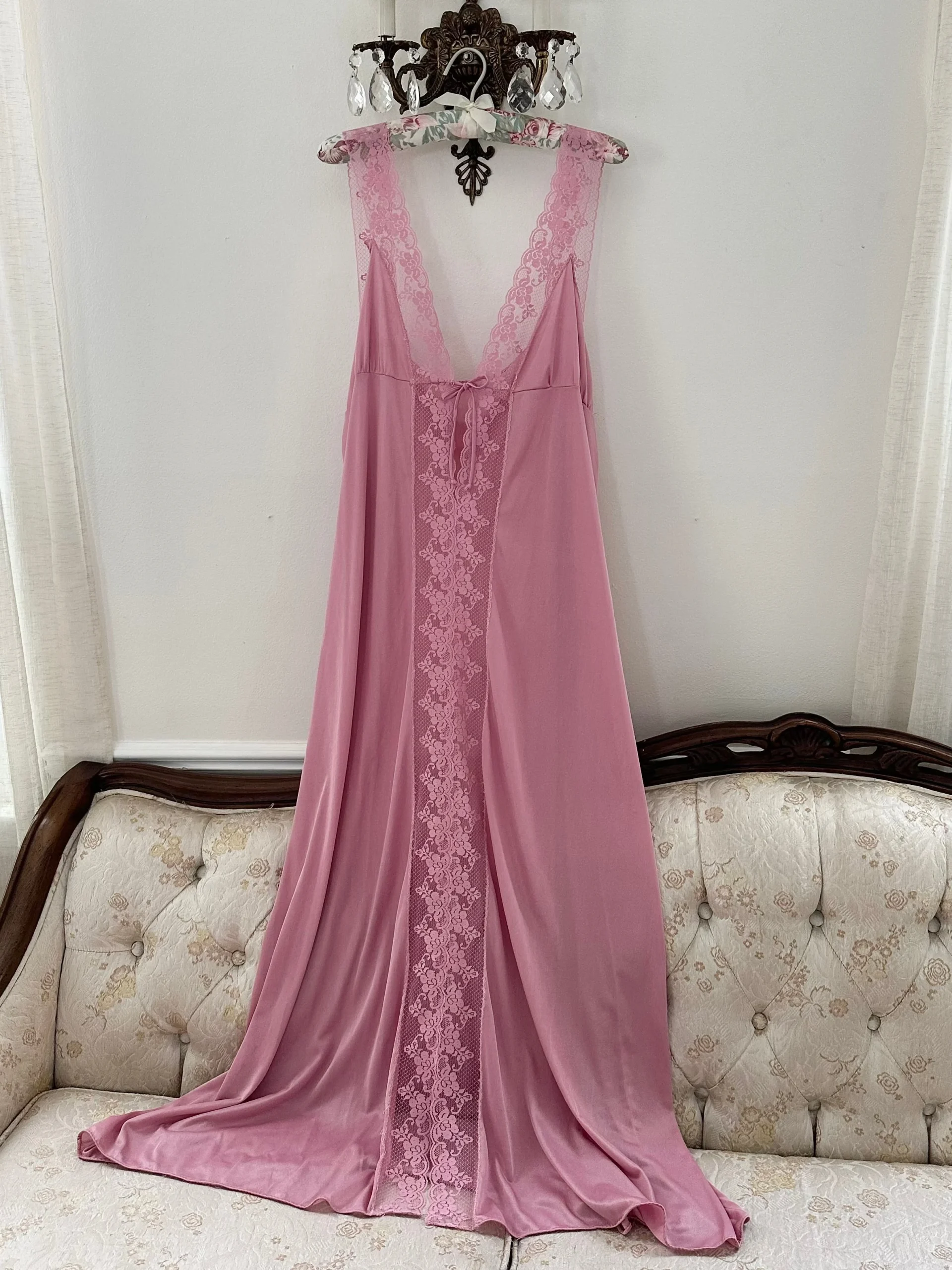 70s Pink Mauve Lace Trim Nightgown (L)
