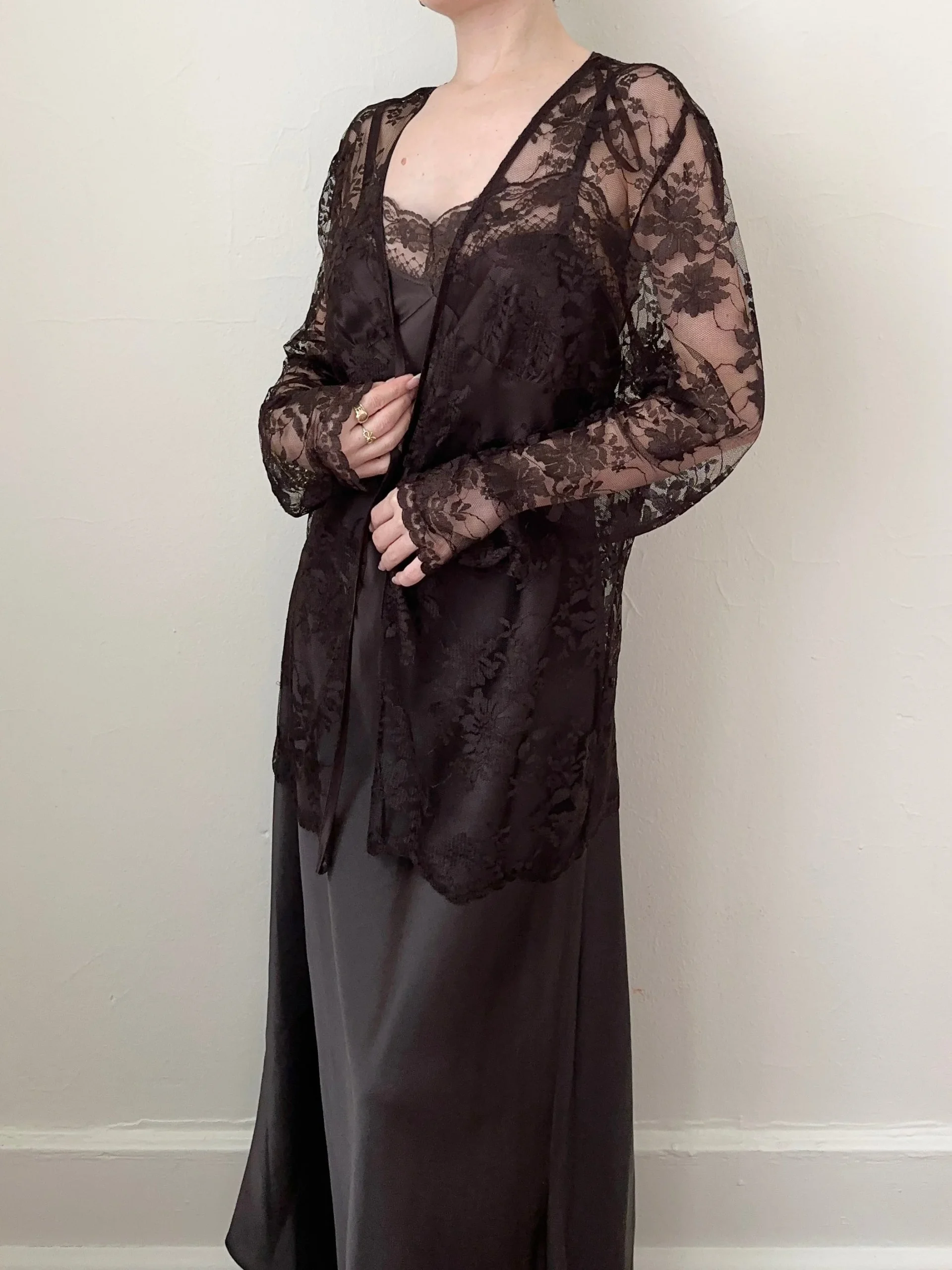 90s Chocolate Brown Satin Slip & Lace Bolero Set (L)
