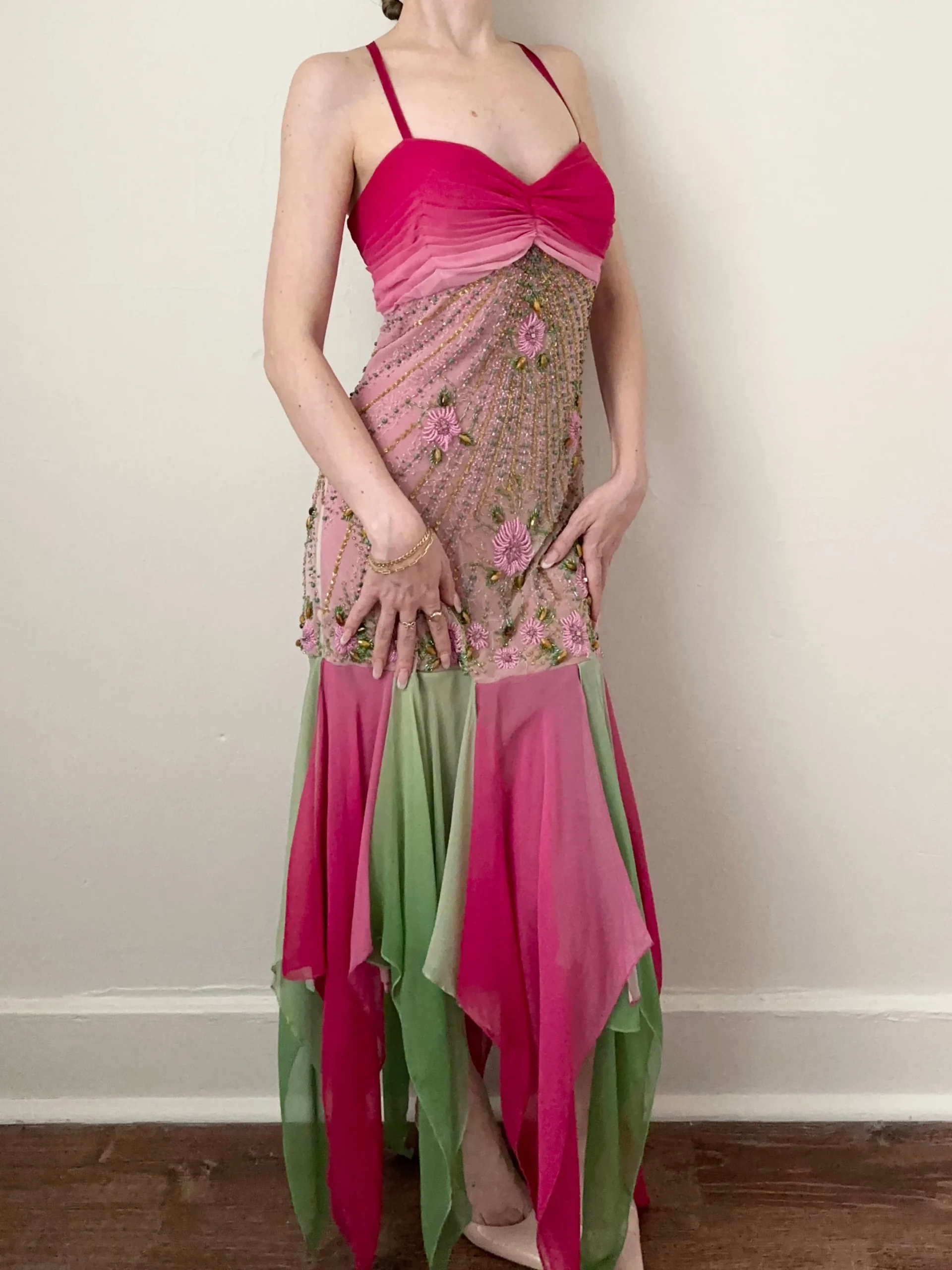 90s Pink & Green Silk Designer Fairy Gown Dress (S/M)