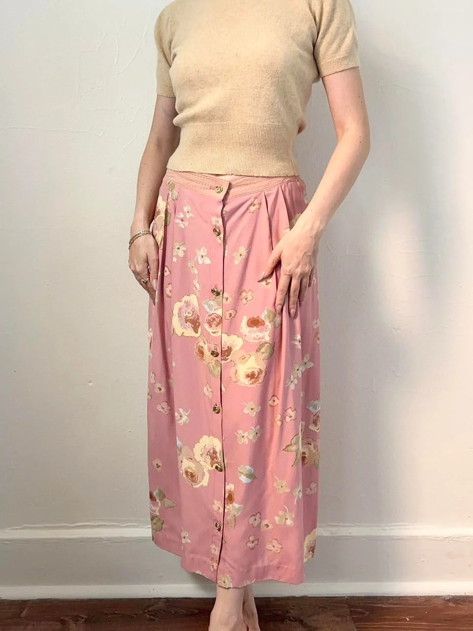 90s Pink Rose Garden Button Down Skirt (M, 28”)