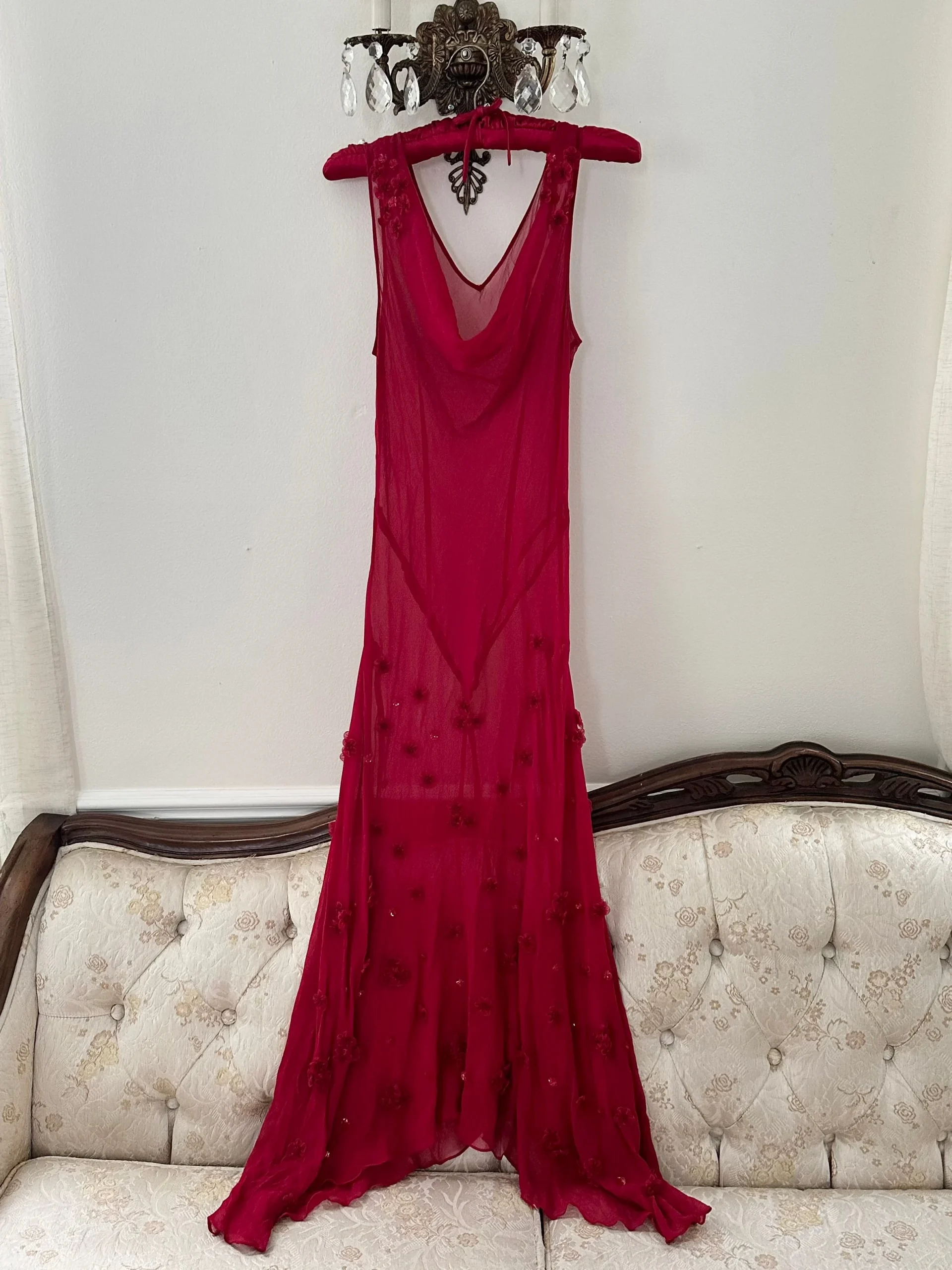 90s Red Sheer Silk Designer Gown Dress (S/M)