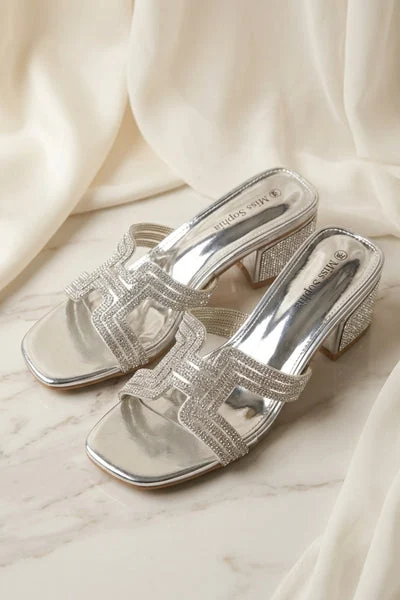 Silver Diamanté Cut-Out Block Heel Mule Sandals - Jara