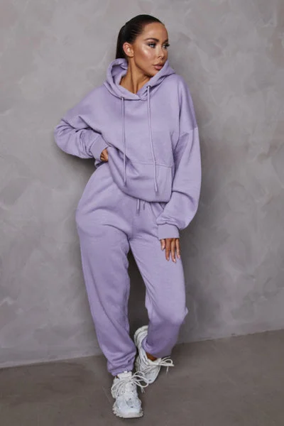 Mauve Oversized Front Pocket Pullover Hoodie Cuffed Joggers Loungewear Set - Alexia