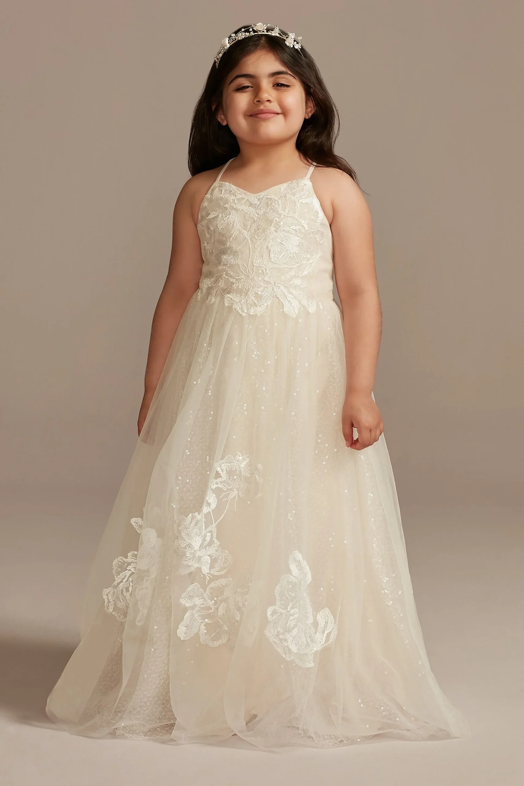 Floral Applique Cross-Back Flower Girl Dress