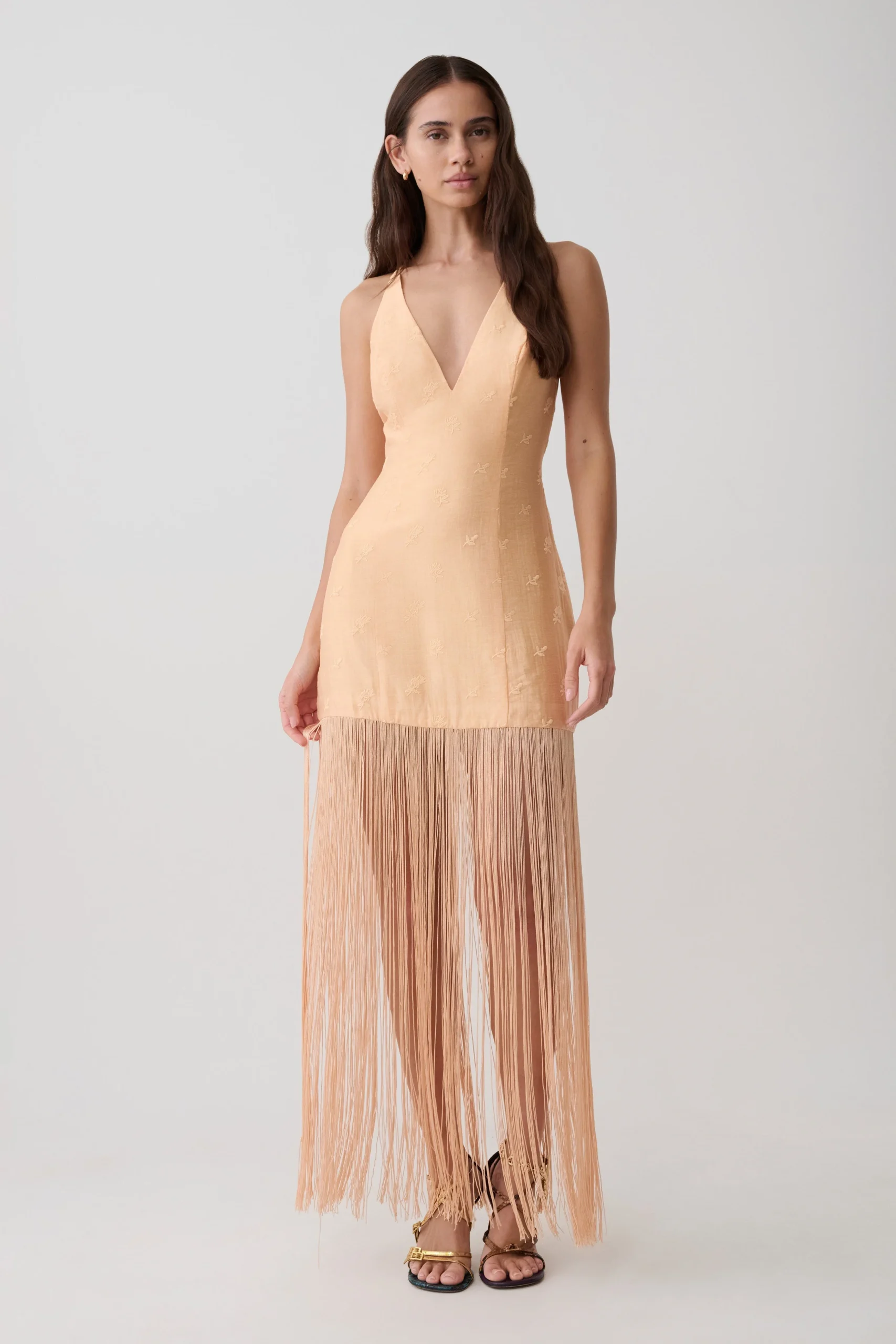 AbigailV Neck Fringe Maxi Dress - Orange