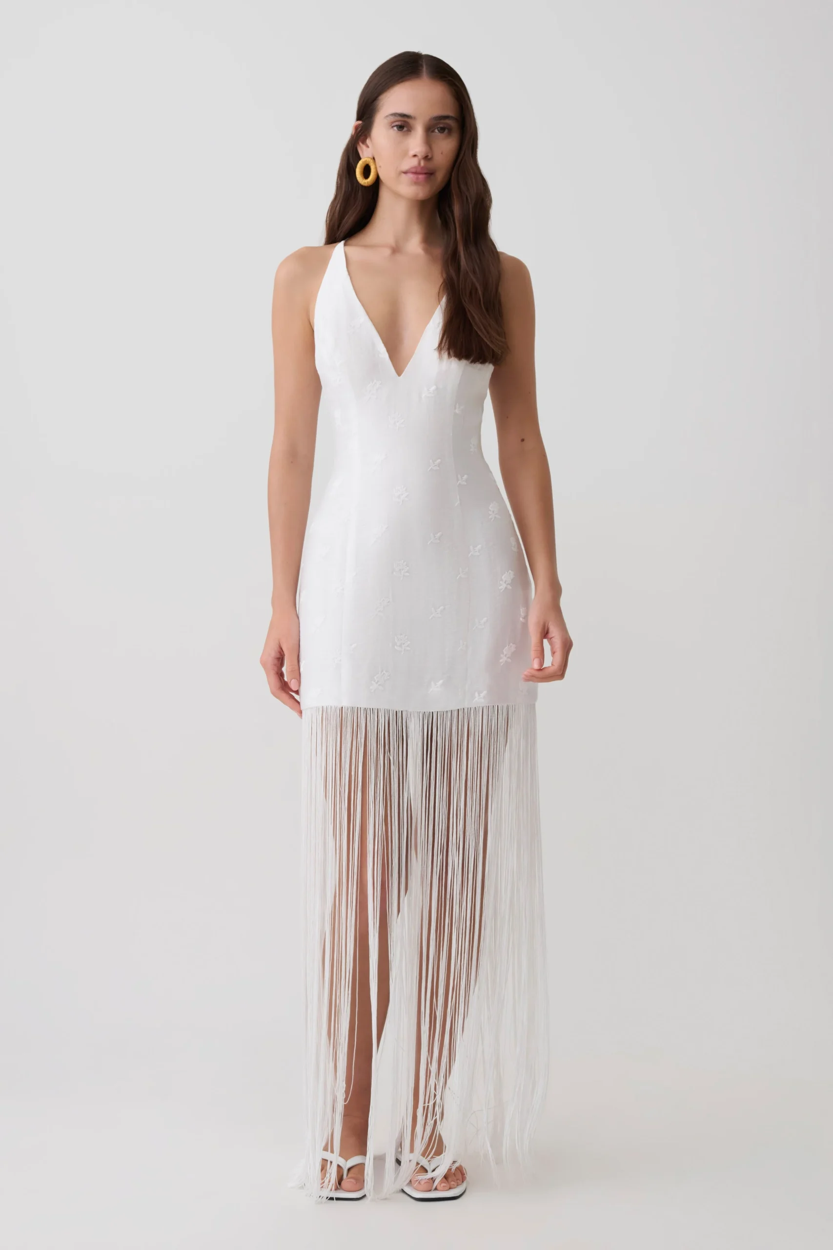 AbigailV Neck Fringe Maxi Dress - White