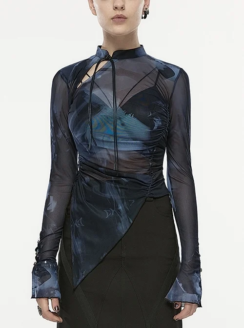 Abstract Black And Gray Ink Printing Hollow Oblique Cheongsam Collar Punk Style Long-Sleeved T-Shirt