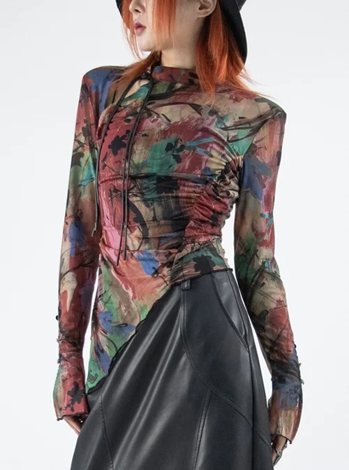 Abstract Black And Red Oil Painting Printing Hollow Oblique Cheongsam Standing Collar Punk Style Long-Sleeved T-Shirt