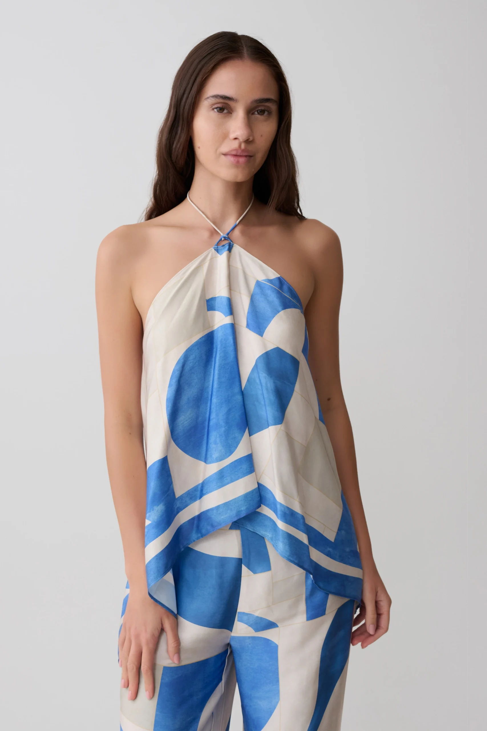 AdelaideDraped Satin Halter Top - Blue Geo Tile Print