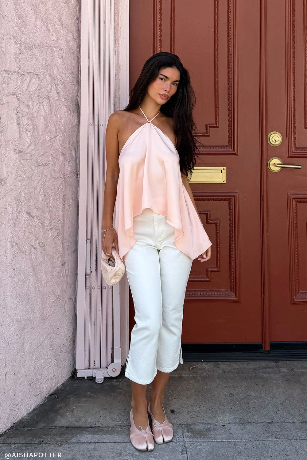 AdelaideDraped Satin Halter Top - Peach
