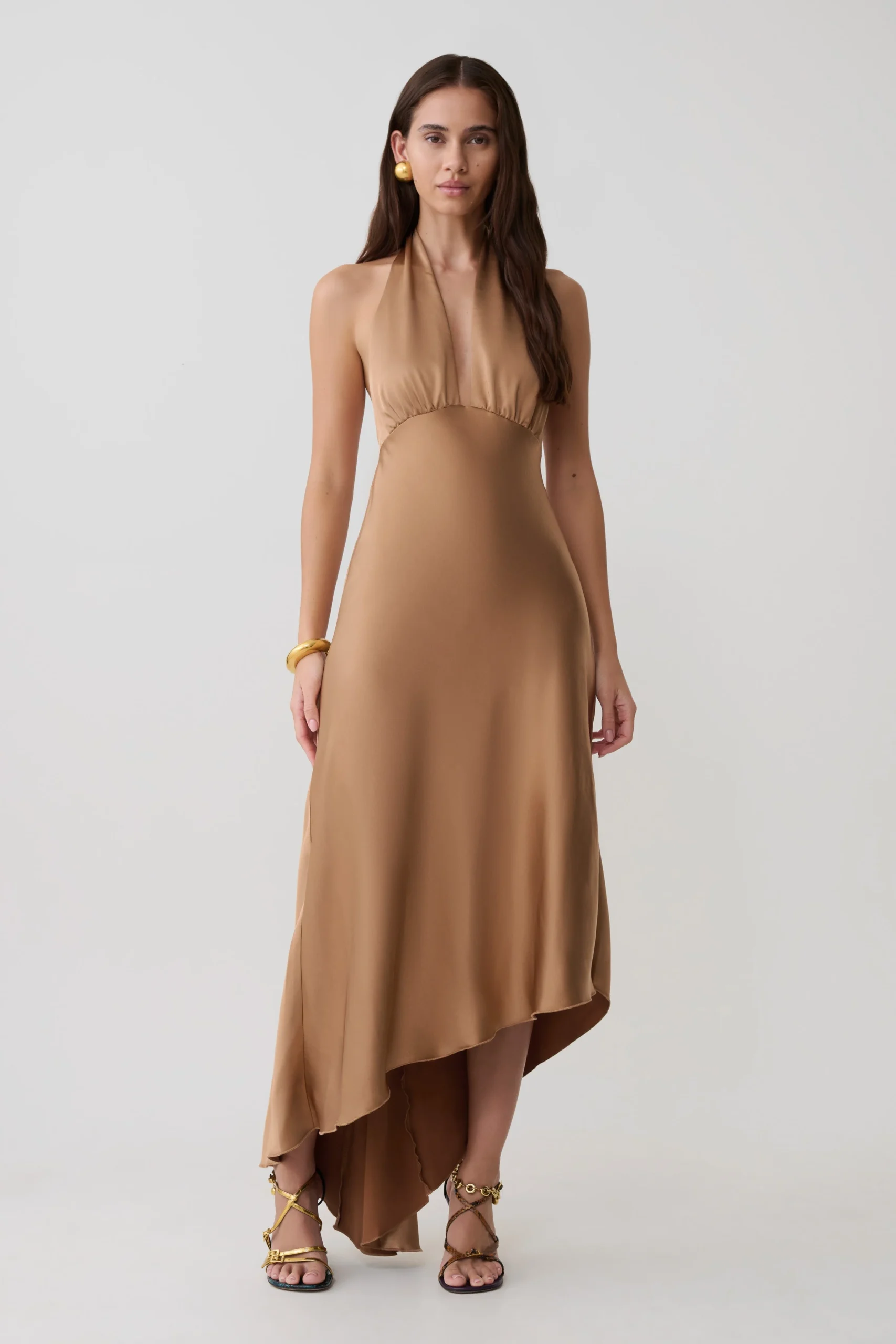 AdelieAsymmetric Hem Halter Midi Dress - Cognac