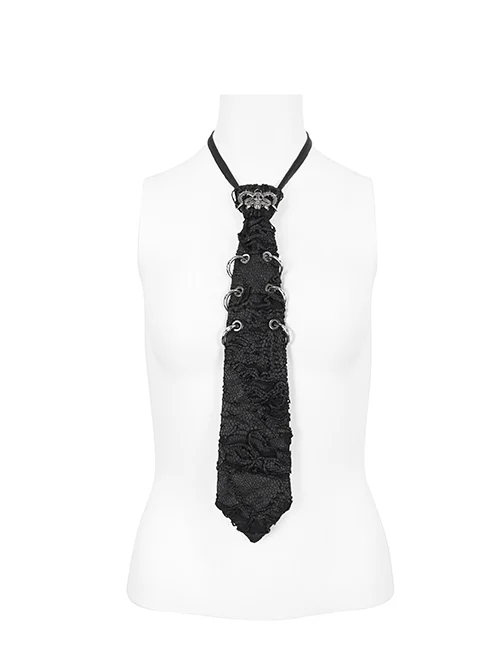 Adjustable Black Dipped Knit Side Metal Ring Punk Cool Skull Tie
