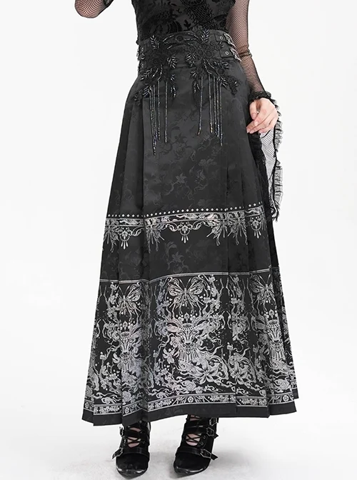 Adjustable Dark Black Devil Print Chinese Gothic Style Horse Face Skirt
