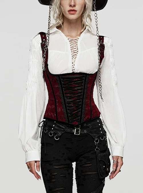 Adjustable Sexy Black Red Rose Pattern Horse Hair Front And Back Rope Gothic Corset