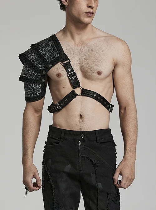 Adjustable Silver And Black Microfiber Leather Panel Embossed Gothic Shoulder Harness