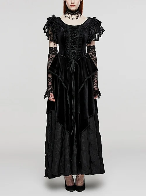 Adjustable V-Shaped Tie Rope Black Velvet Micro-Elastic Dress With Lace Gloves Gothic Dress Skirt Suit
