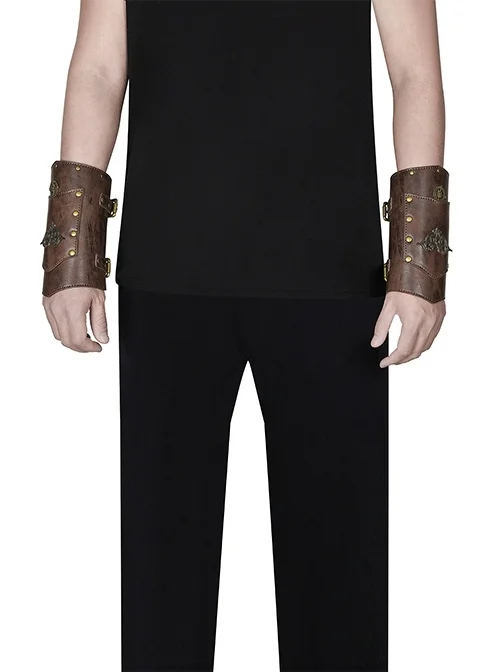 Adjustable Vintage Brown Faux Leather Metal Clouds With Punk Unisex Wrist Guard