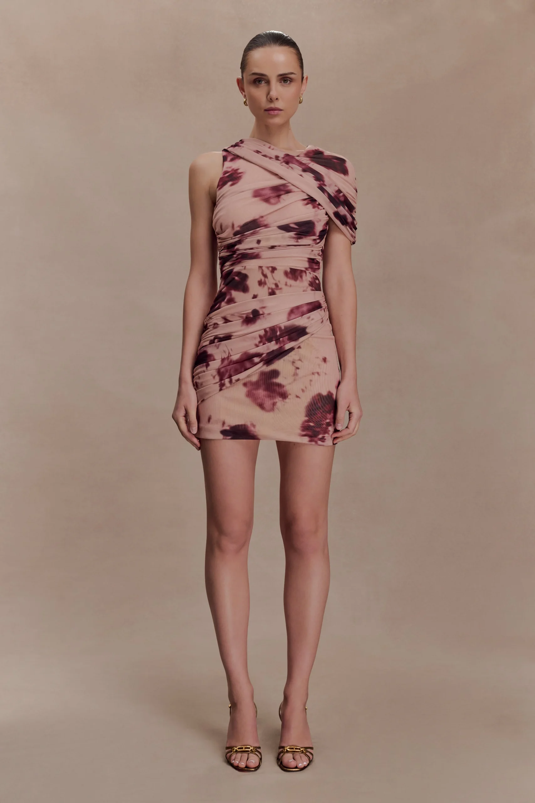 AdrienneOne Shoulder Mesh Mini Dress - Nude Blurred Floral Print