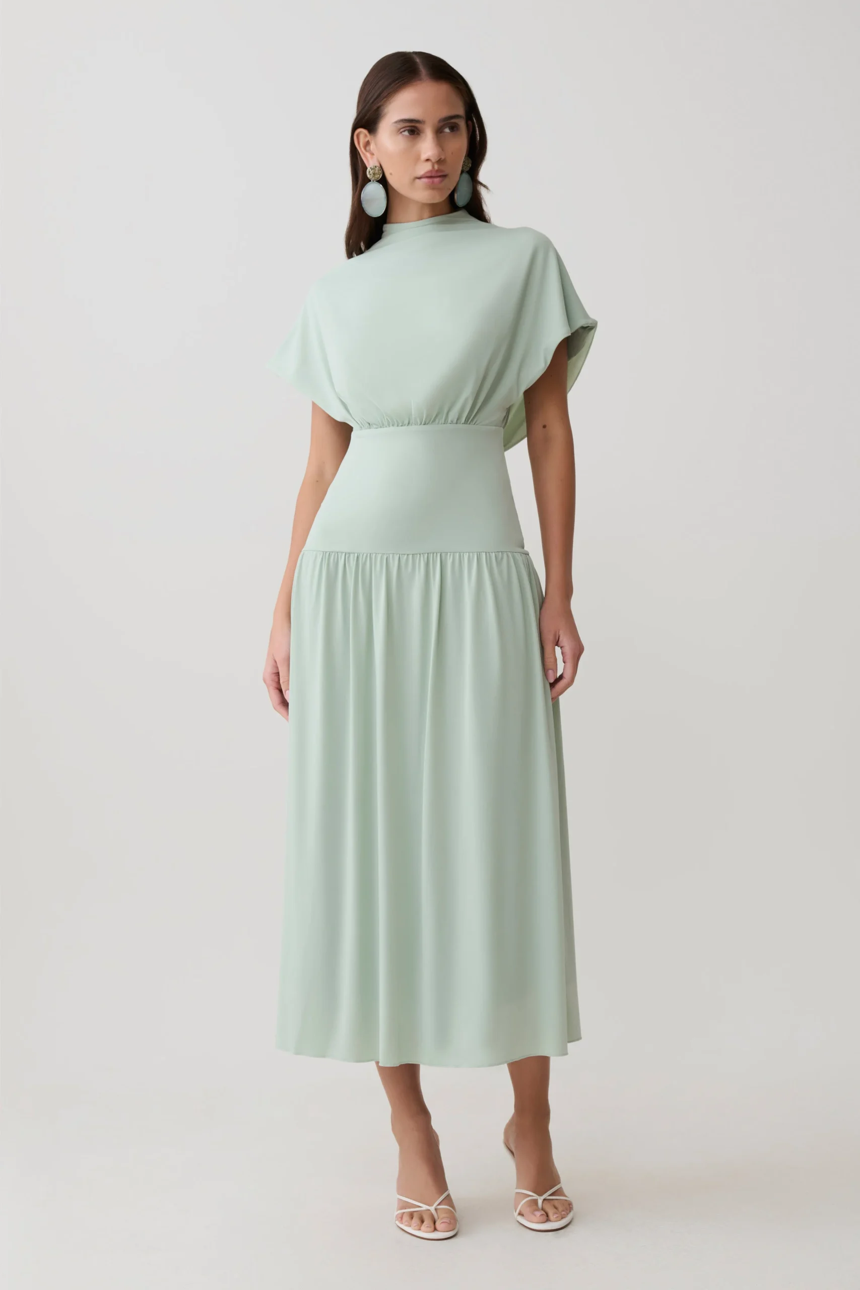 AillaHigh Neck Cowl Midi Dress - Aqua Grey
