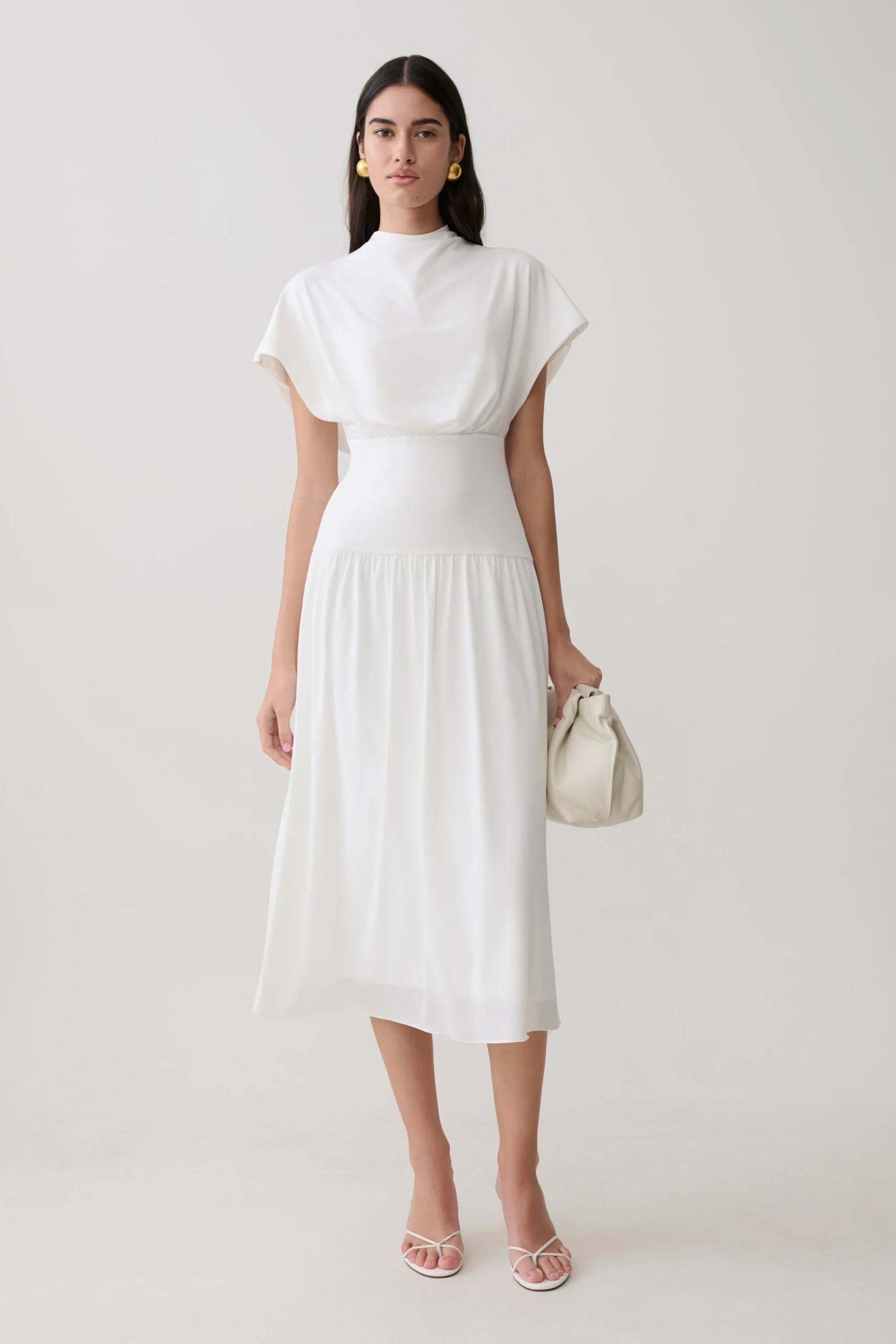 AillaHigh Neck Cowl Midi Dress - White