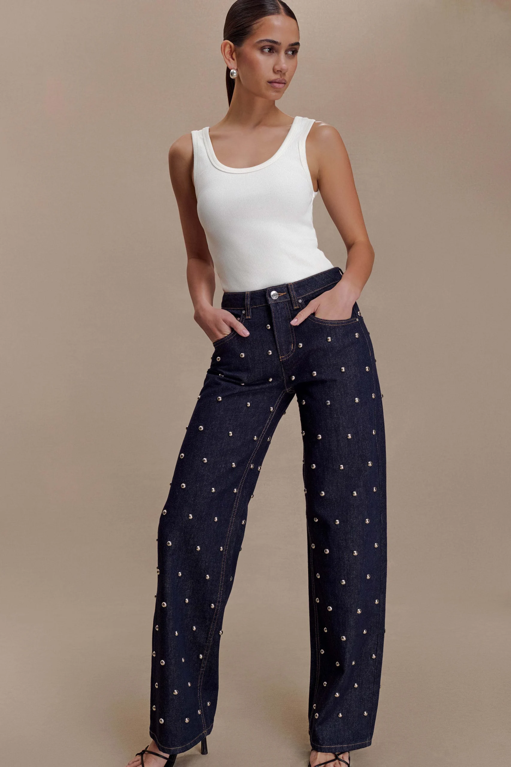 AlimaMid Rise Stud Denim Jeans - Washed Indigo Blue