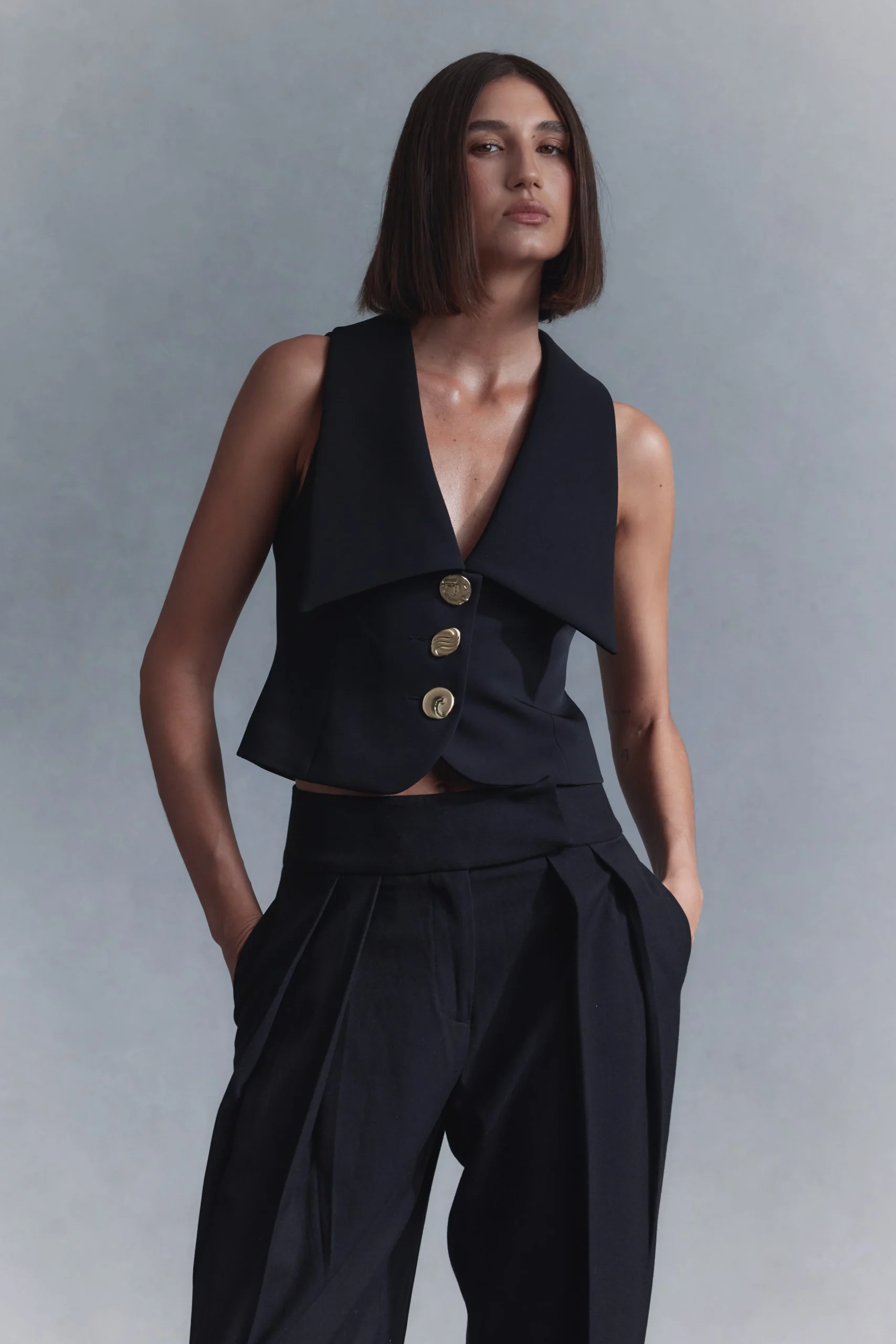 AlixFINAL SALEMixed Button Vest - Black