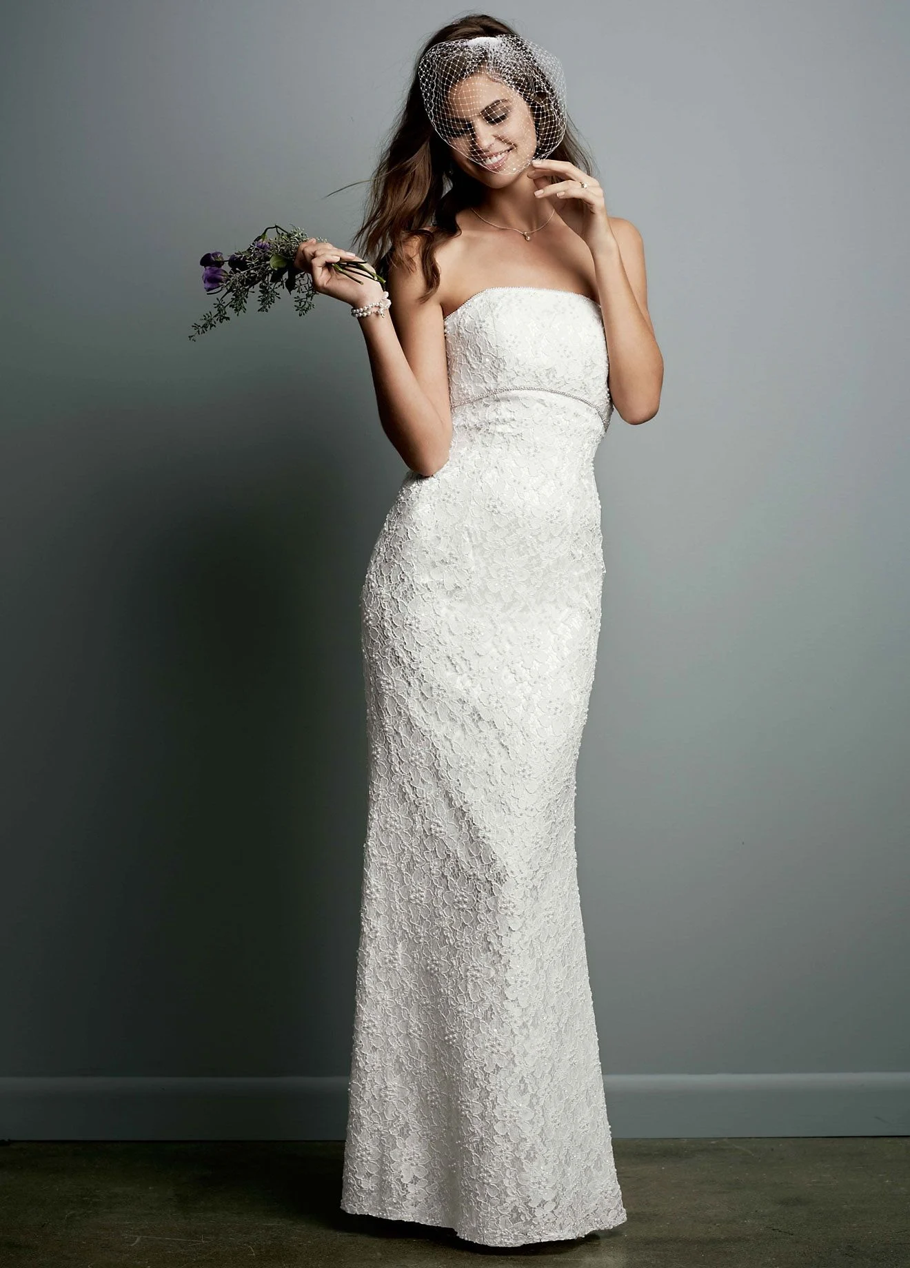 Allover Beaded Lace Sheath Gown with Empire Waist
