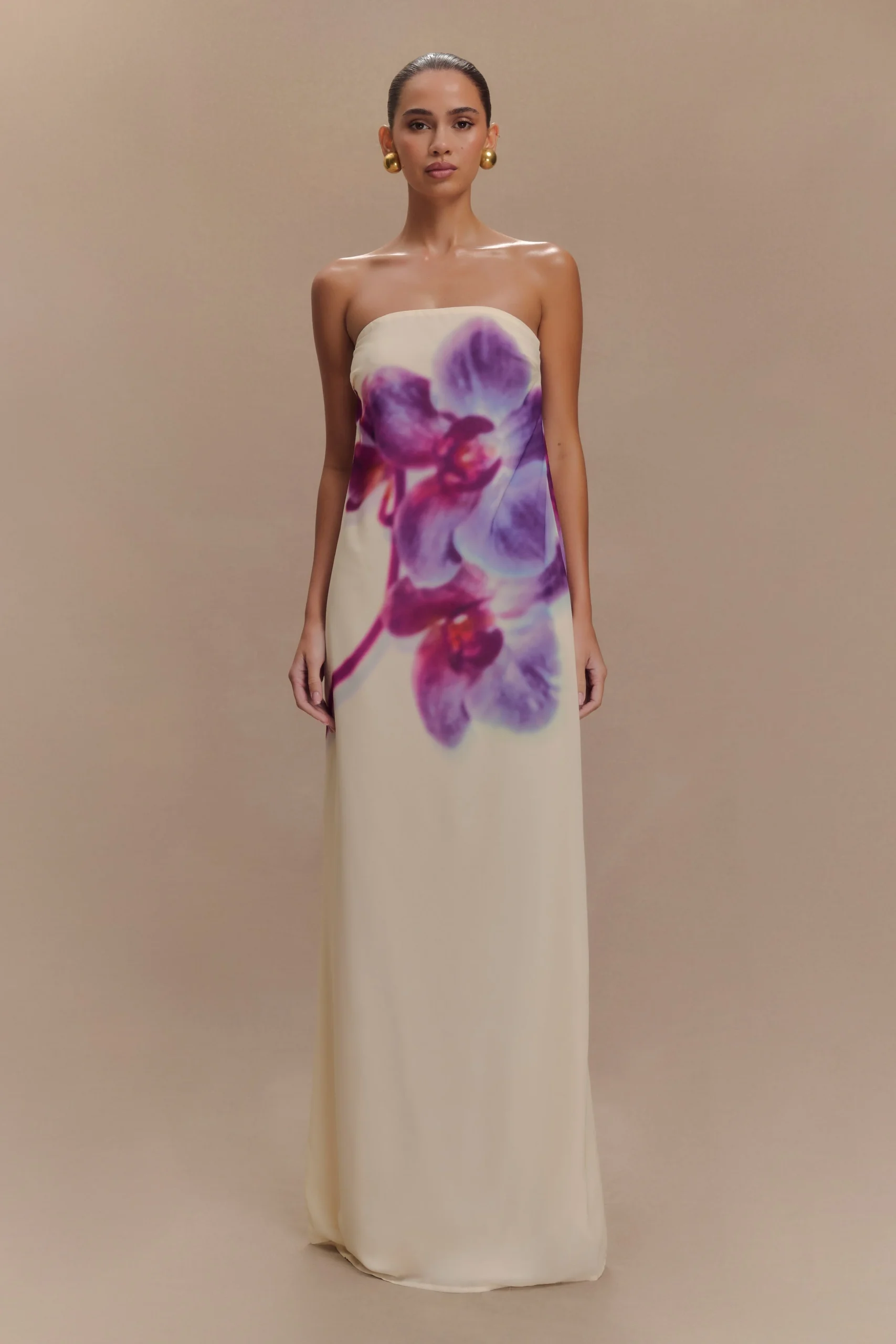 AmayaStrapless Chiffon Maxi Dress - Ivory Koi Orchid Print