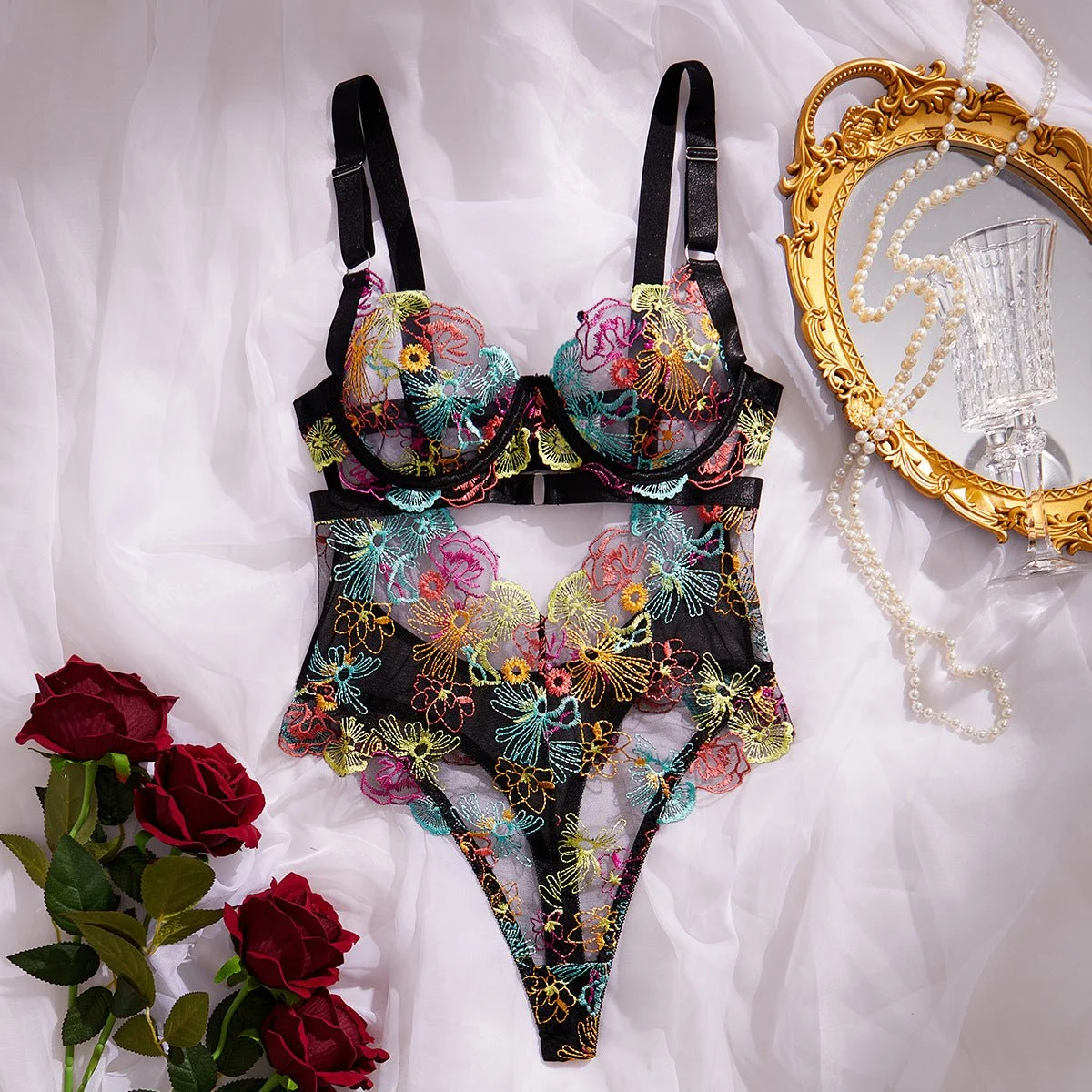 Amber Embroidered Black Bodysuit