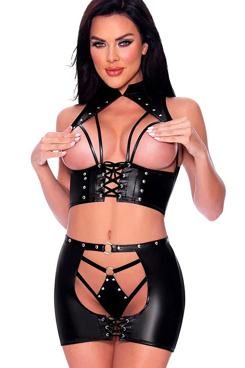 Ambrosia Collared 3 Piece Open Cup Bra, Thong & Skirt Set By Comme-Ci Comme-Ca
