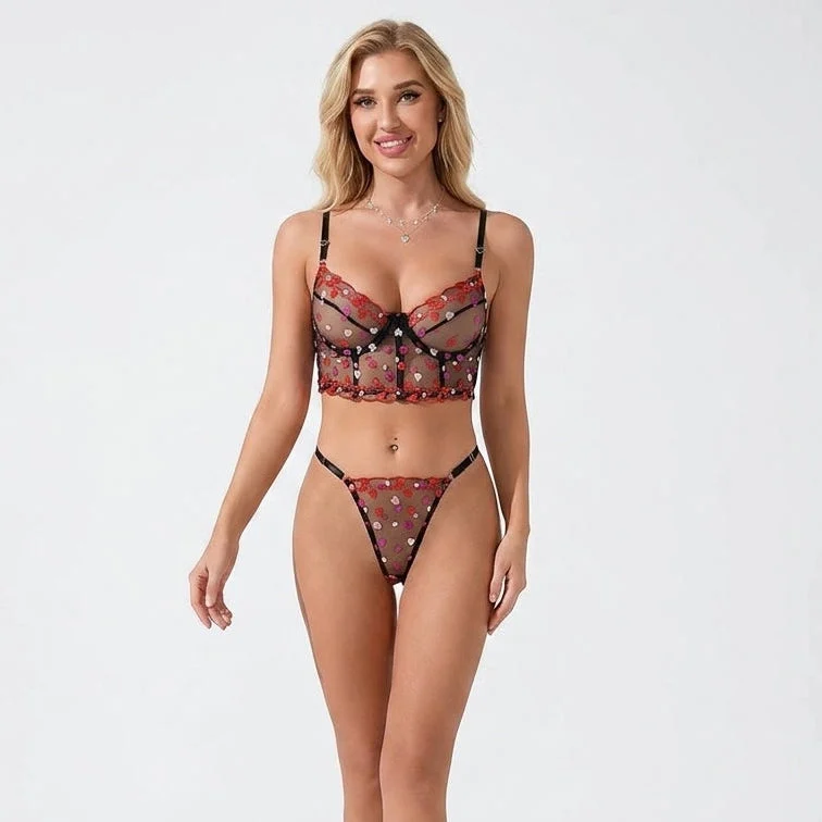 Amora Sheer Heart Embroidered 2 Piece Lingerie Set