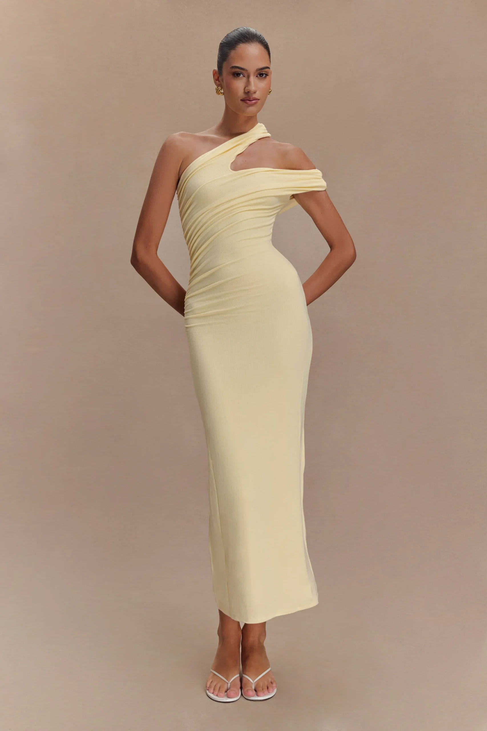 AnastasiaOne Shoulder Modal Midi Dress - Pale Lemon