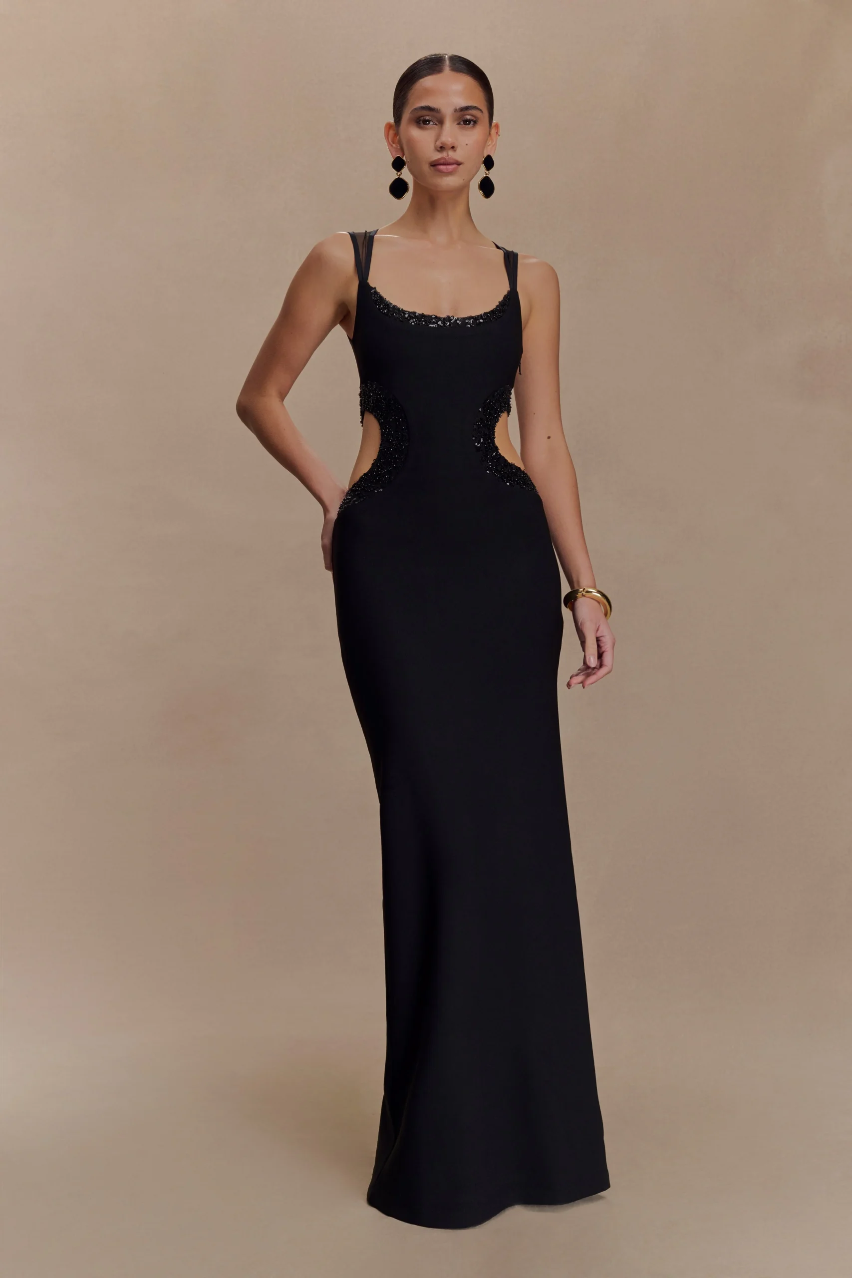 AngeliqueBeaded Crepe Maxi Dress - Black