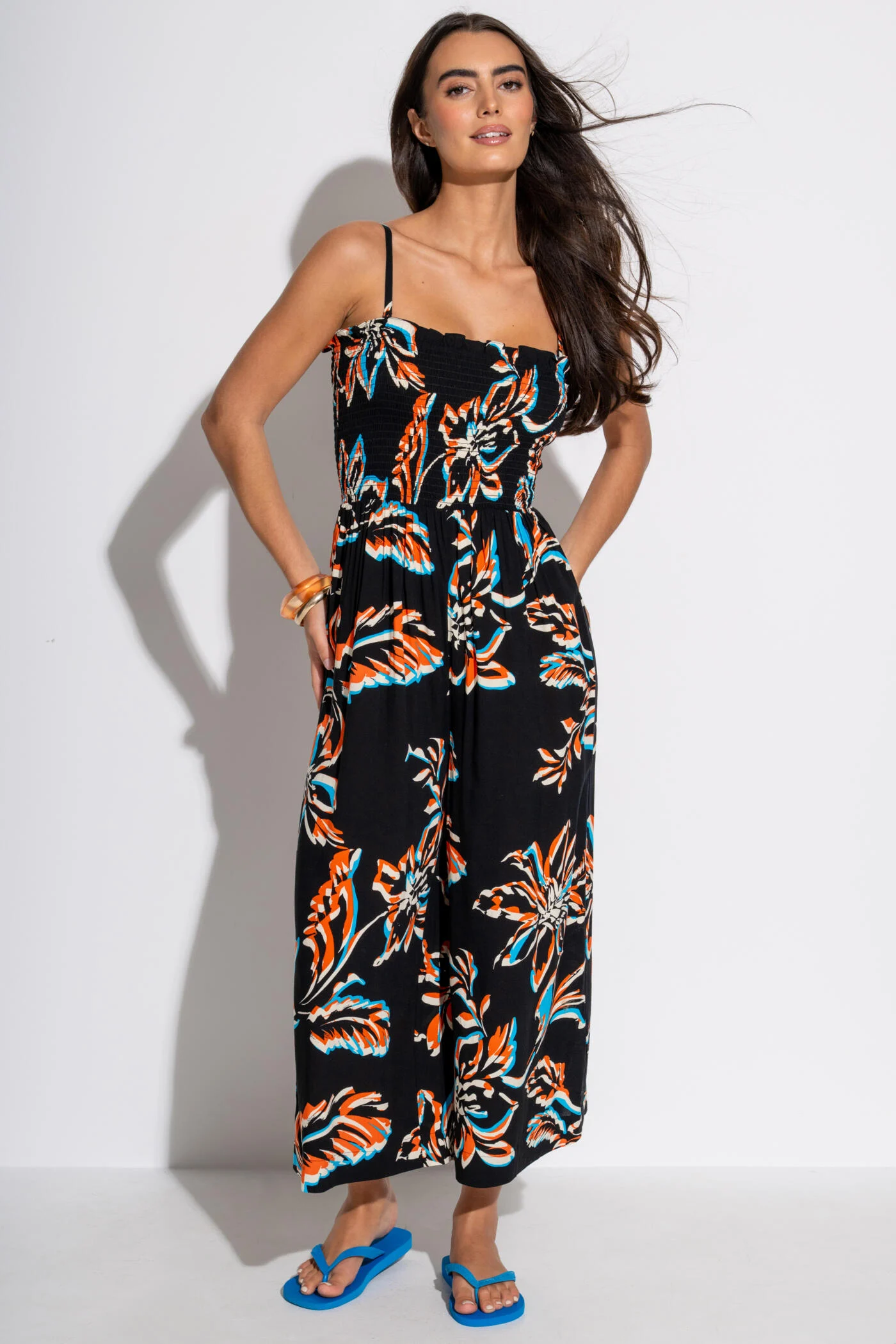 Anna Strapless Shirred Bodice Crop Leg Beach Jumpsuit - Black Floral